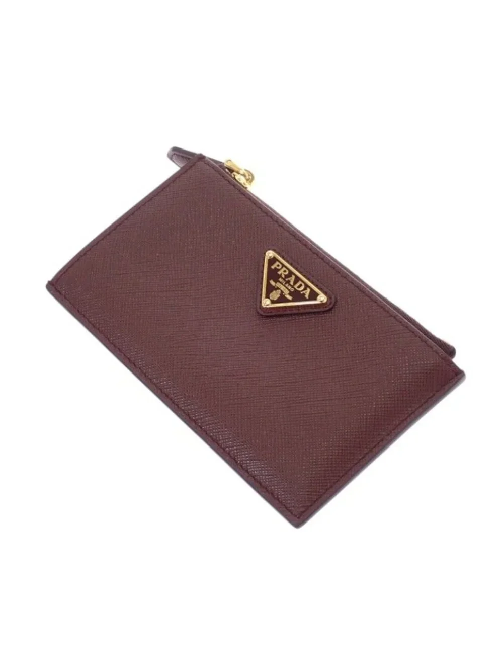 Prada Saffiano Triangle Card Case Bordeaux Burgundy Gold Genus